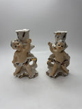 Pair Vintage Cherub Candlestick Holders Figurine Ceramic Gold Trim Rose Japan