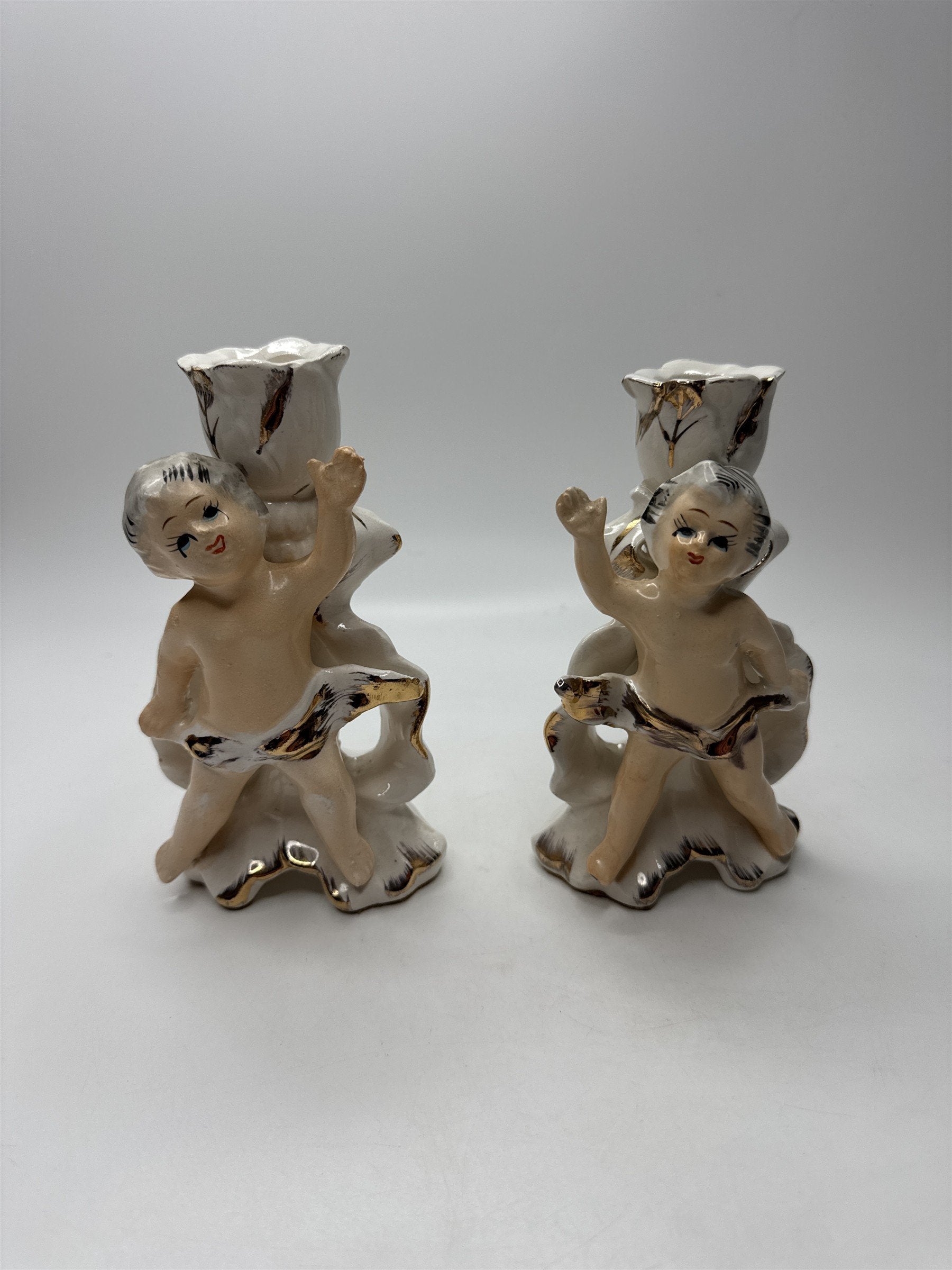 Pair Vintage Cherub Candlestick Holders Figurine Ceramic Gold Trim Rose Japan