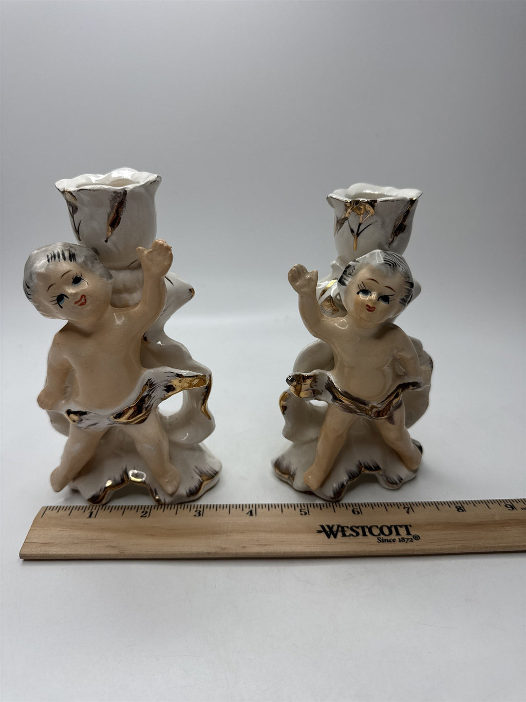Pair Vintage Cherub Candlestick Holders Figurine Ceramic Gold Trim Rose Japan