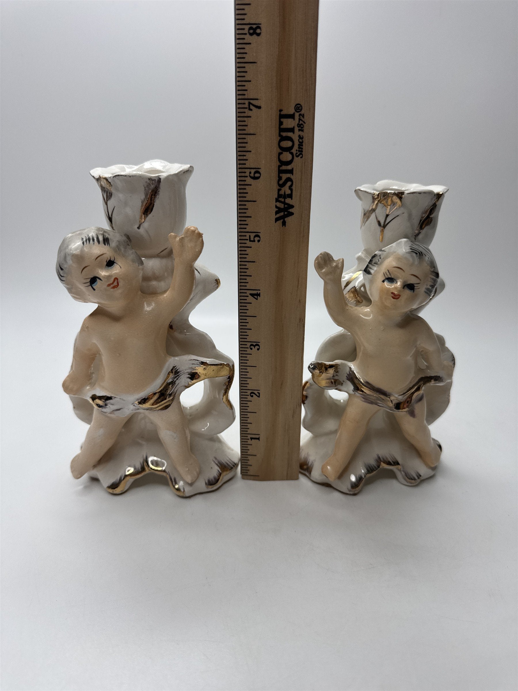 Pair Vintage Cherub Candlestick Holders Figurine Ceramic Gold Trim Rose Japan