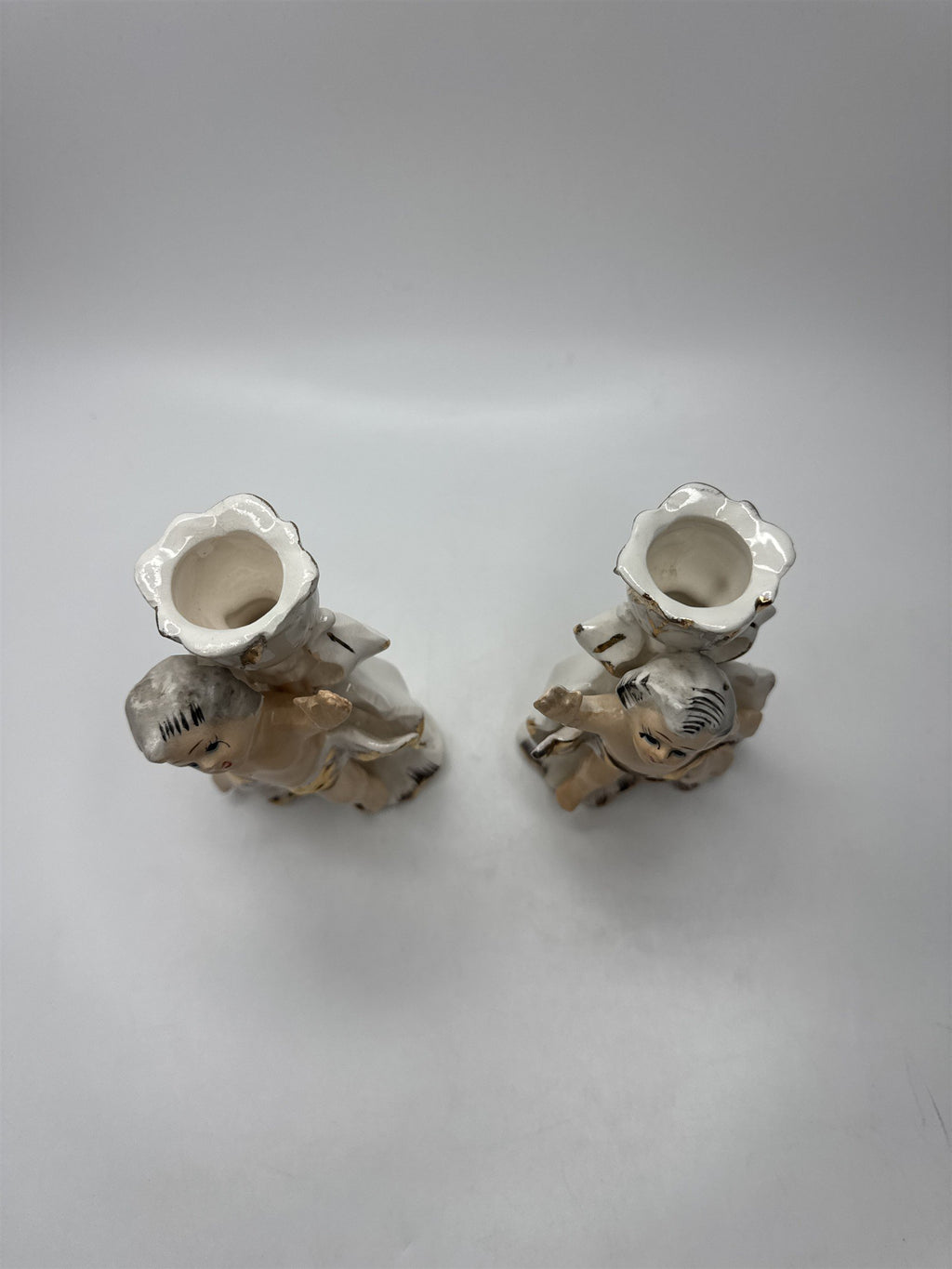 Pair Vintage Cherub Candlestick Holders Figurine Ceramic Gold Trim Rose Japan