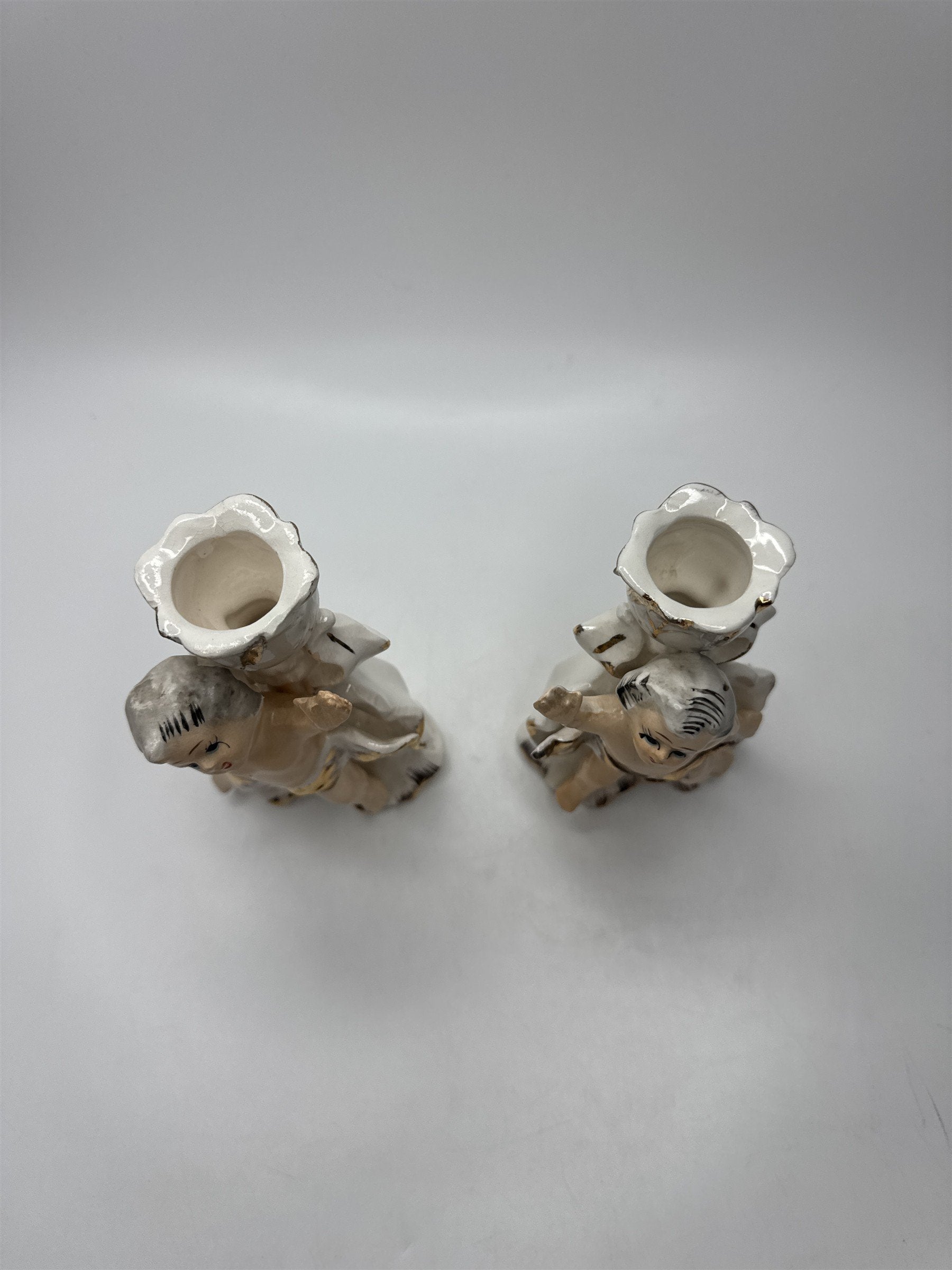 Pair Vintage Cherub Candlestick Holders Figurine Ceramic Gold Trim Rose Japan