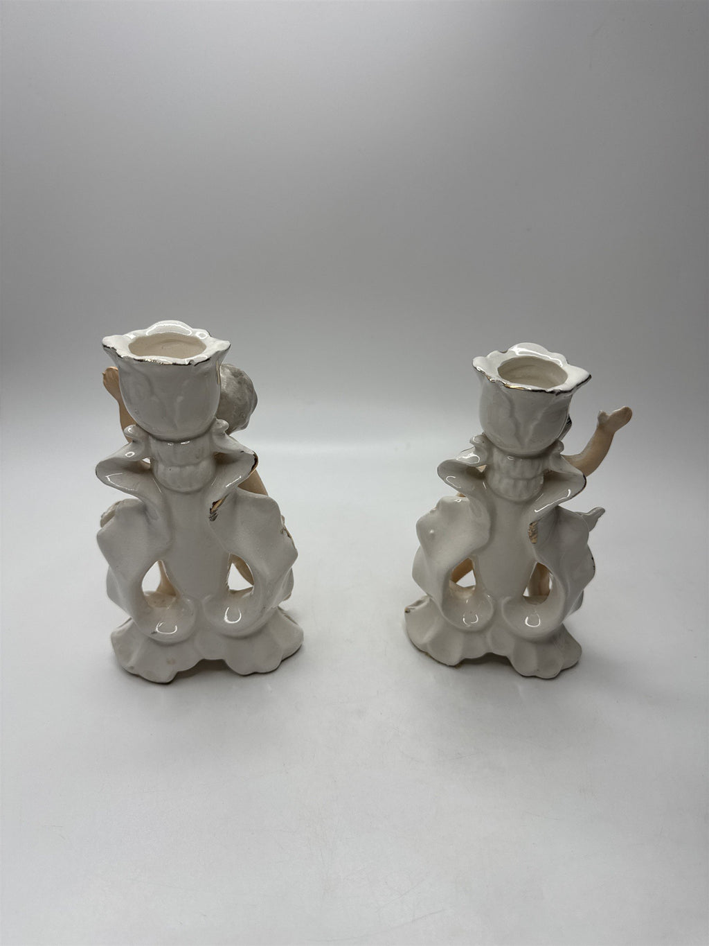 Pair Vintage Cherub Candlestick Holders Figurine Ceramic Gold Trim Rose Japan