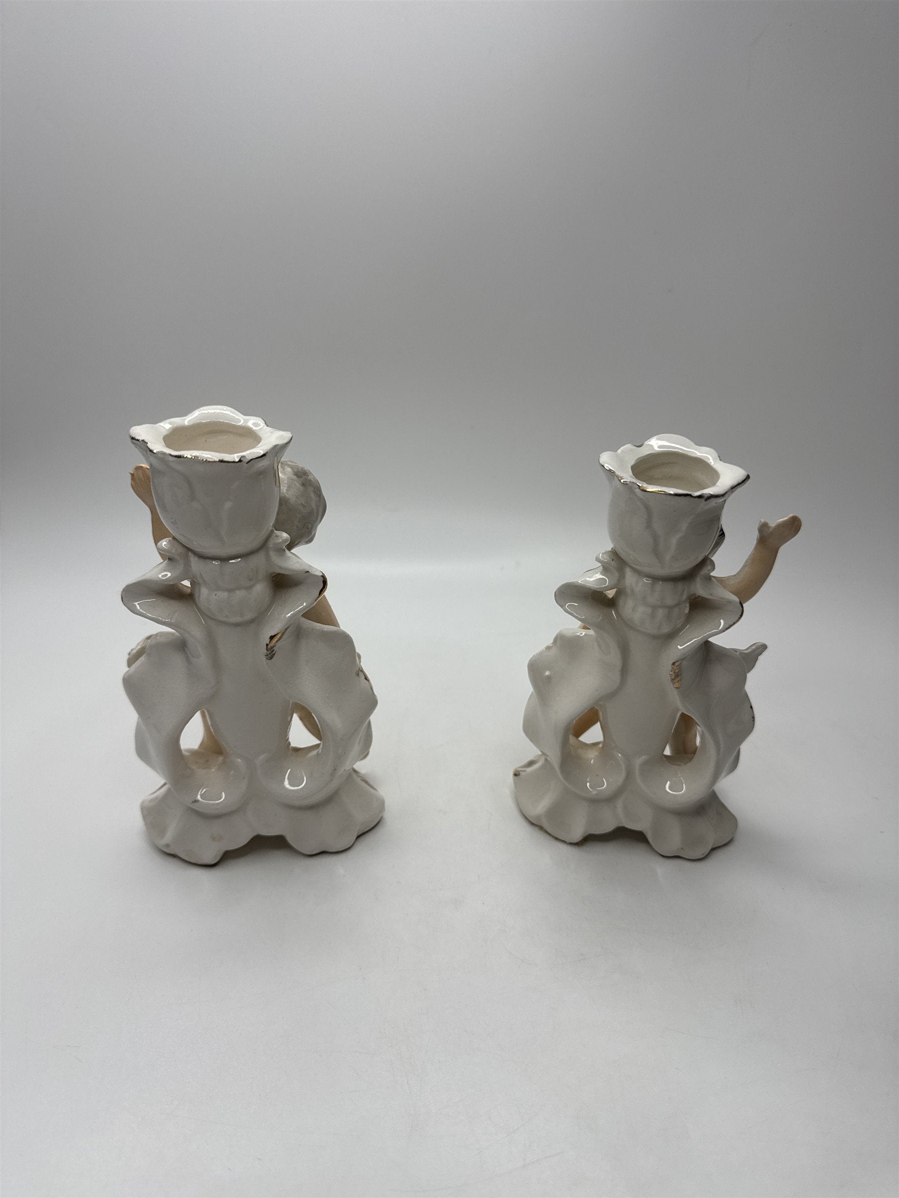 Pair Vintage Cherub Candlestick Holders Figurine Ceramic Gold Trim Rose Japan