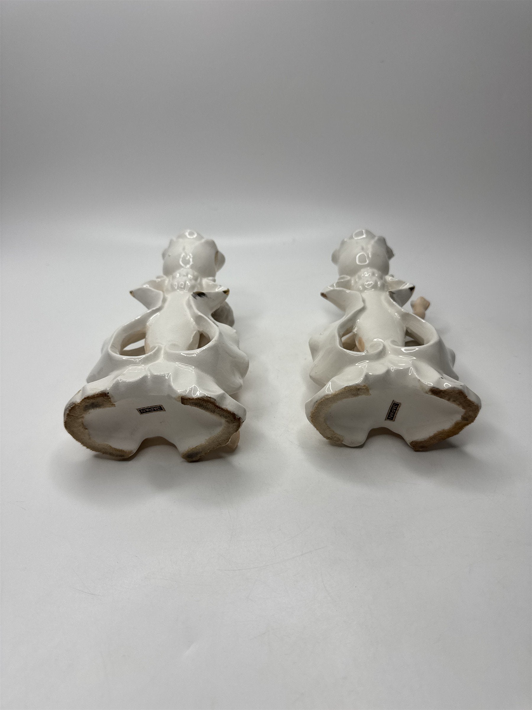 Pair Vintage Cherub Candlestick Holders Figurine Ceramic Gold Trim Rose Japan
