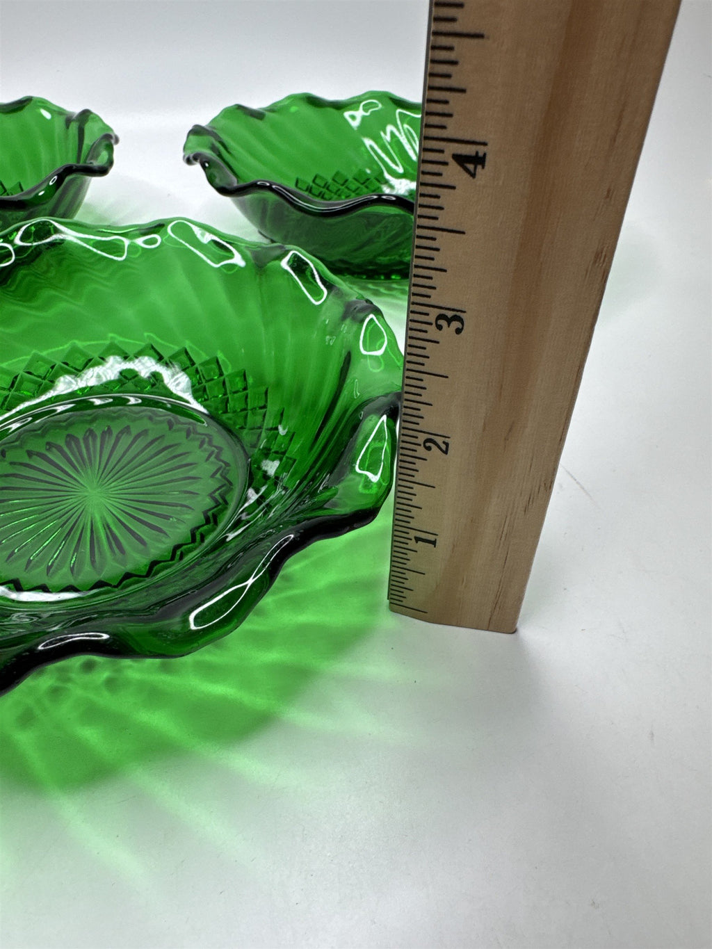 Lot 3 Anchor Hocking Depression Glass Swirl Emerald Green Ruffled Edge Bowls
