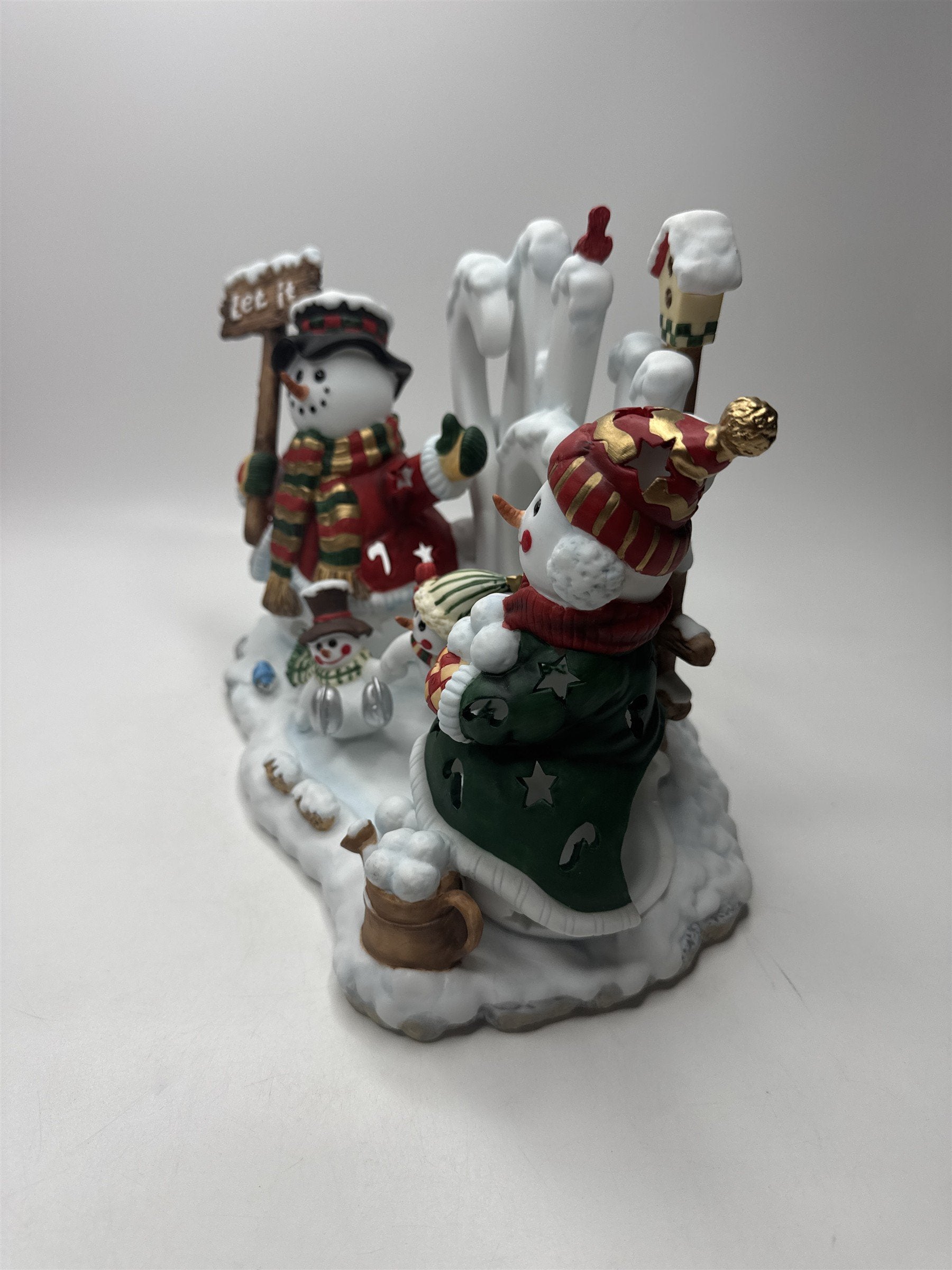 Home Interiors Snowmen "Let It Snow" Candle Holder Ceramic Christmas Winter Deco