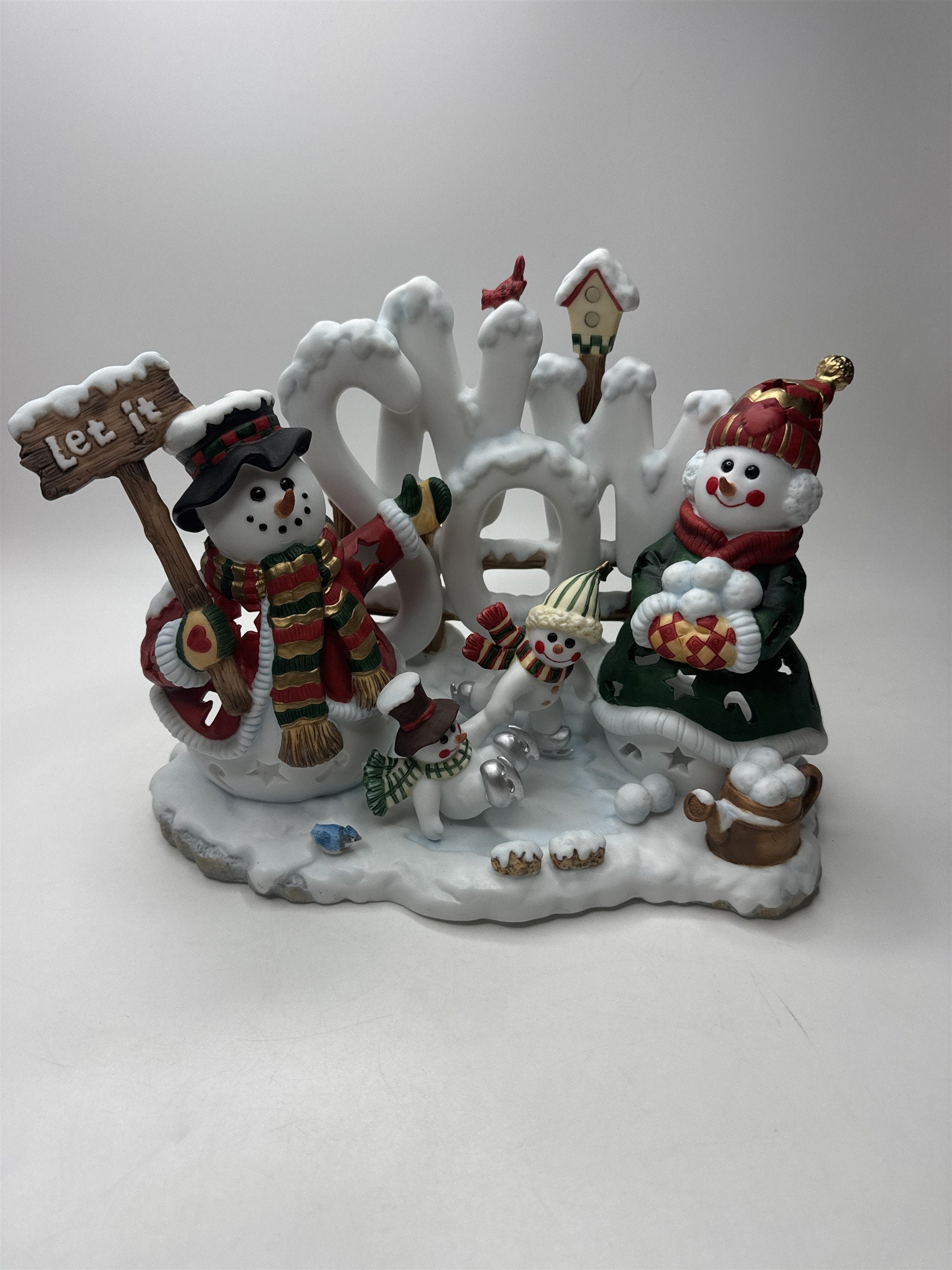 Home Interiors Snowmen "Let It Snow" Candle Holder Ceramic Christmas Winter Deco