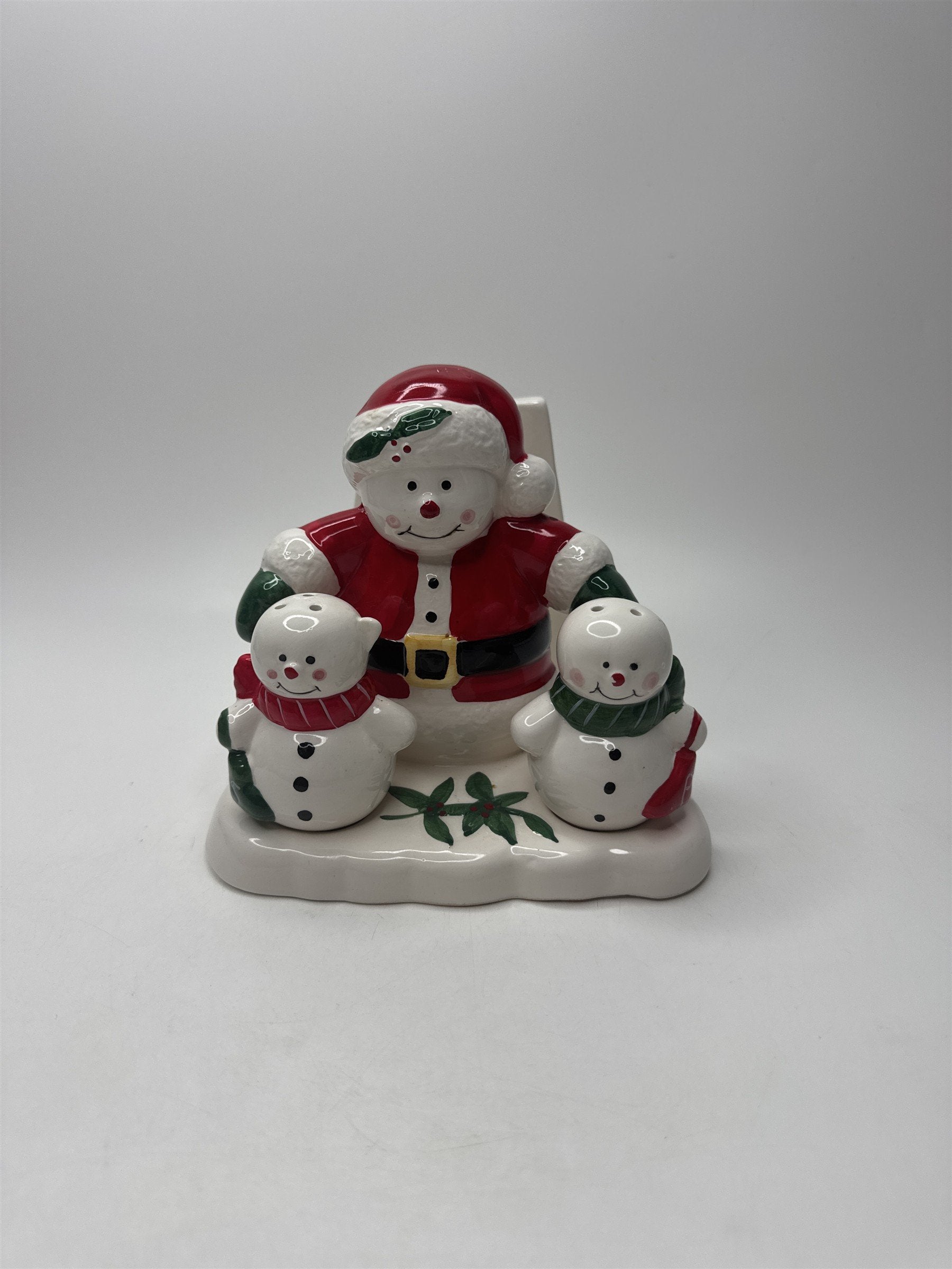 Santa Snowmen Napkin Holder & Salt Pepper Shakers Ceramic Christmas Table Set