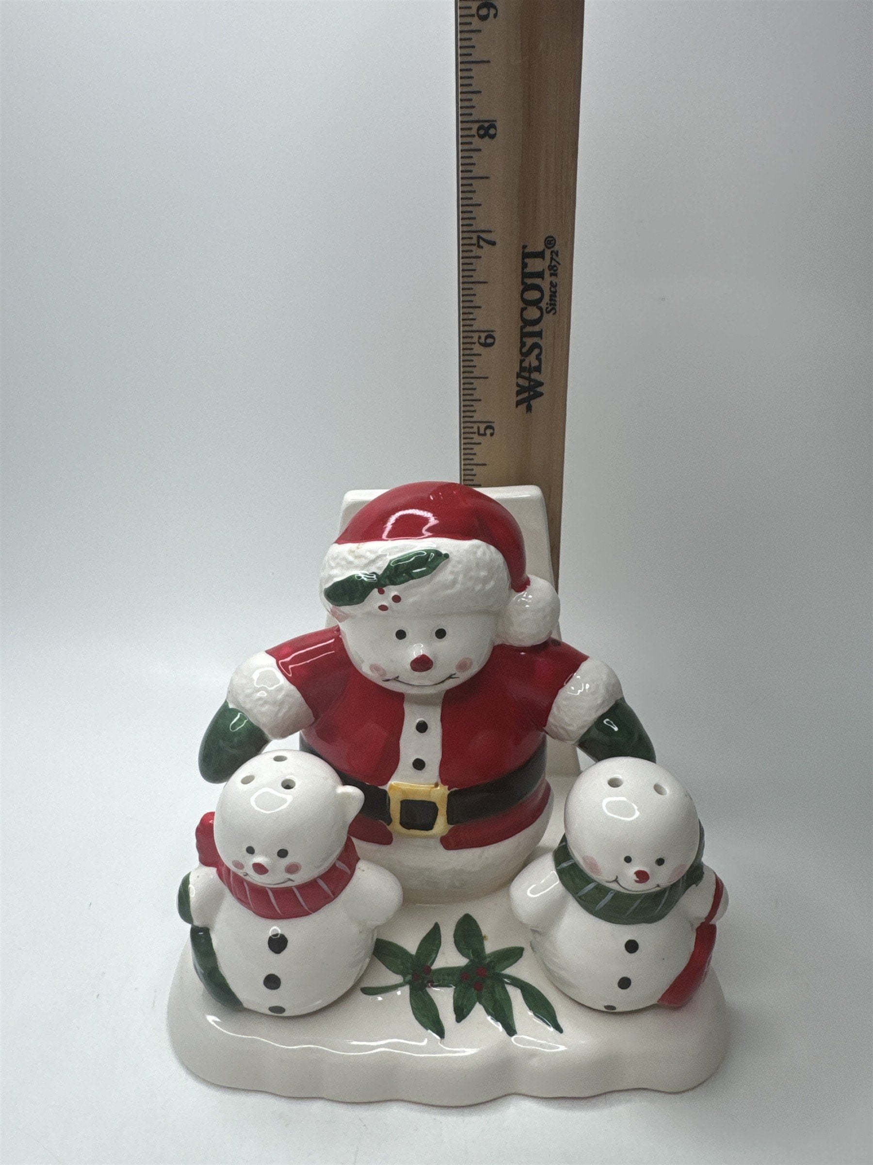 Santa Snowmen Napkin Holder & Salt Pepper Shakers Ceramic Christmas Table Set