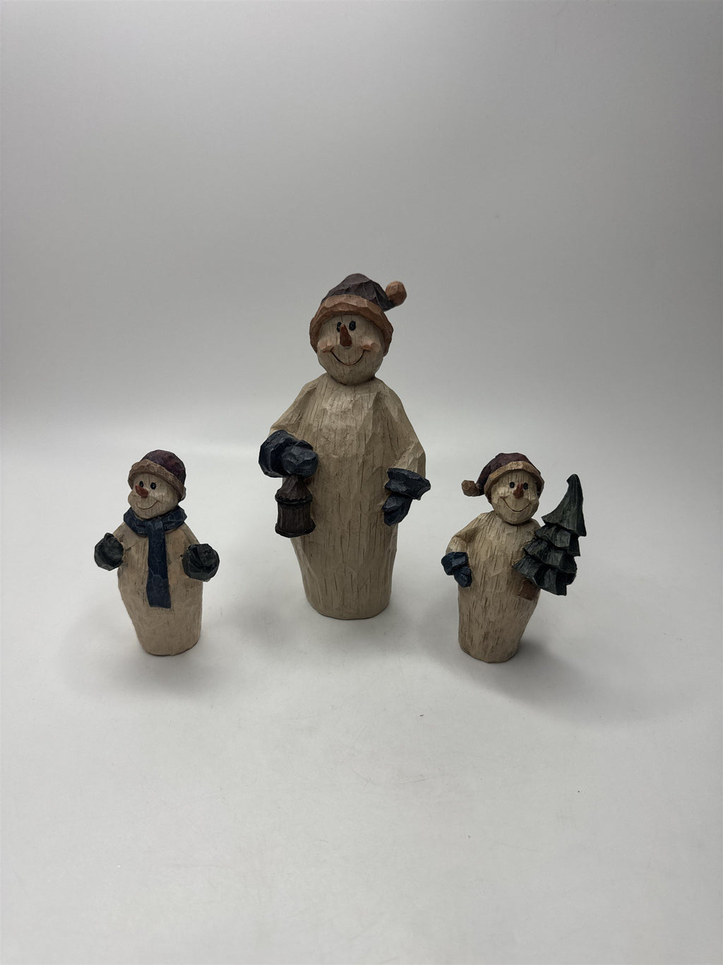 SET 3 Snowmen Figurines Resin Primitive Carved Look Christmas Winter Decor Lot