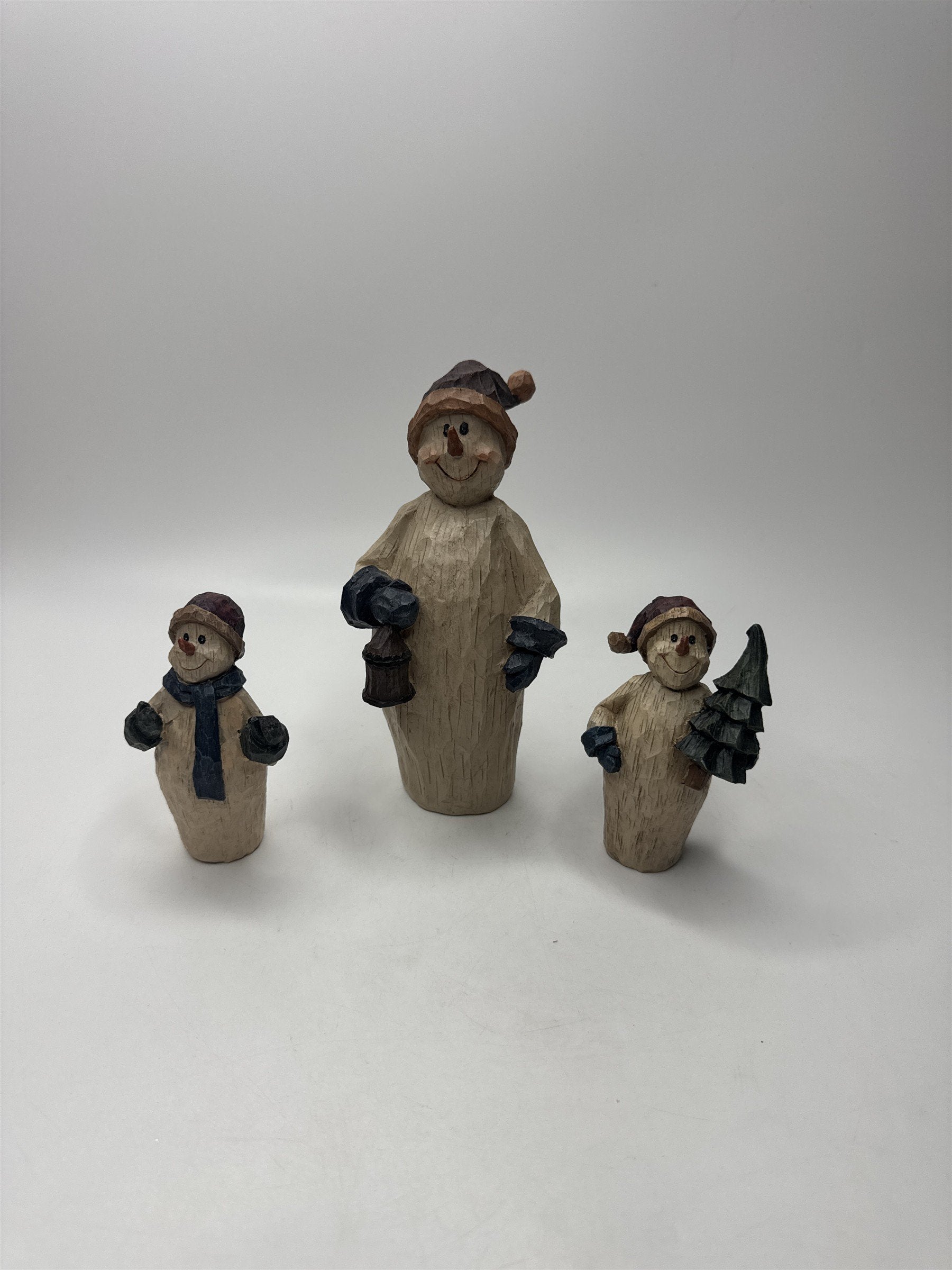 SET 3 Snowmen Figurines Resin Primitive Carved Look Christmas Winter Decor Lot