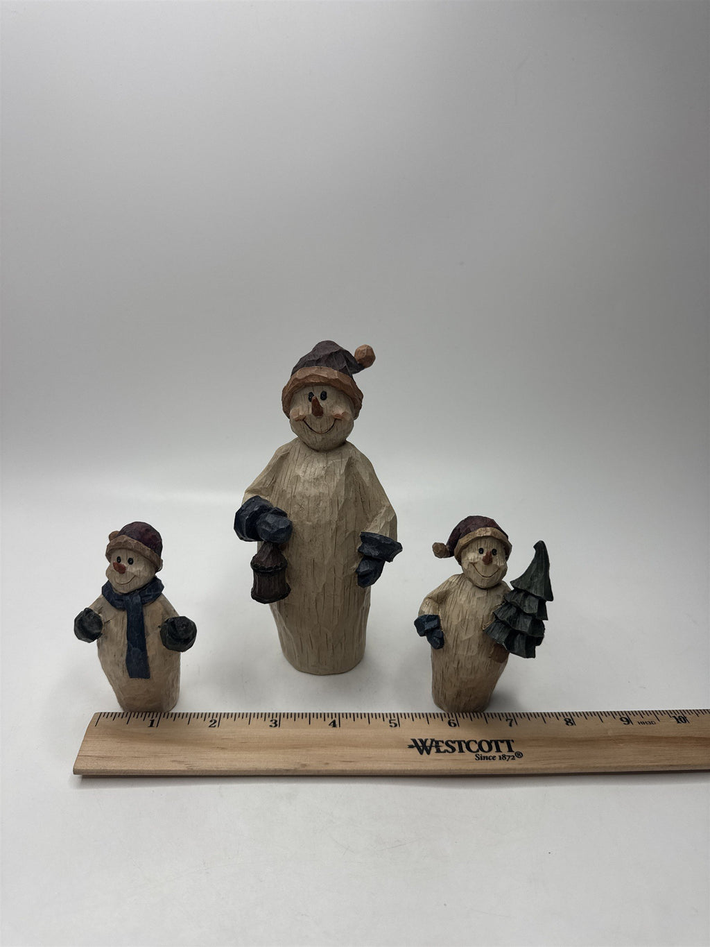 SET 3 Snowmen Figurines Resin Primitive Carved Look Christmas Winter Decor Lot