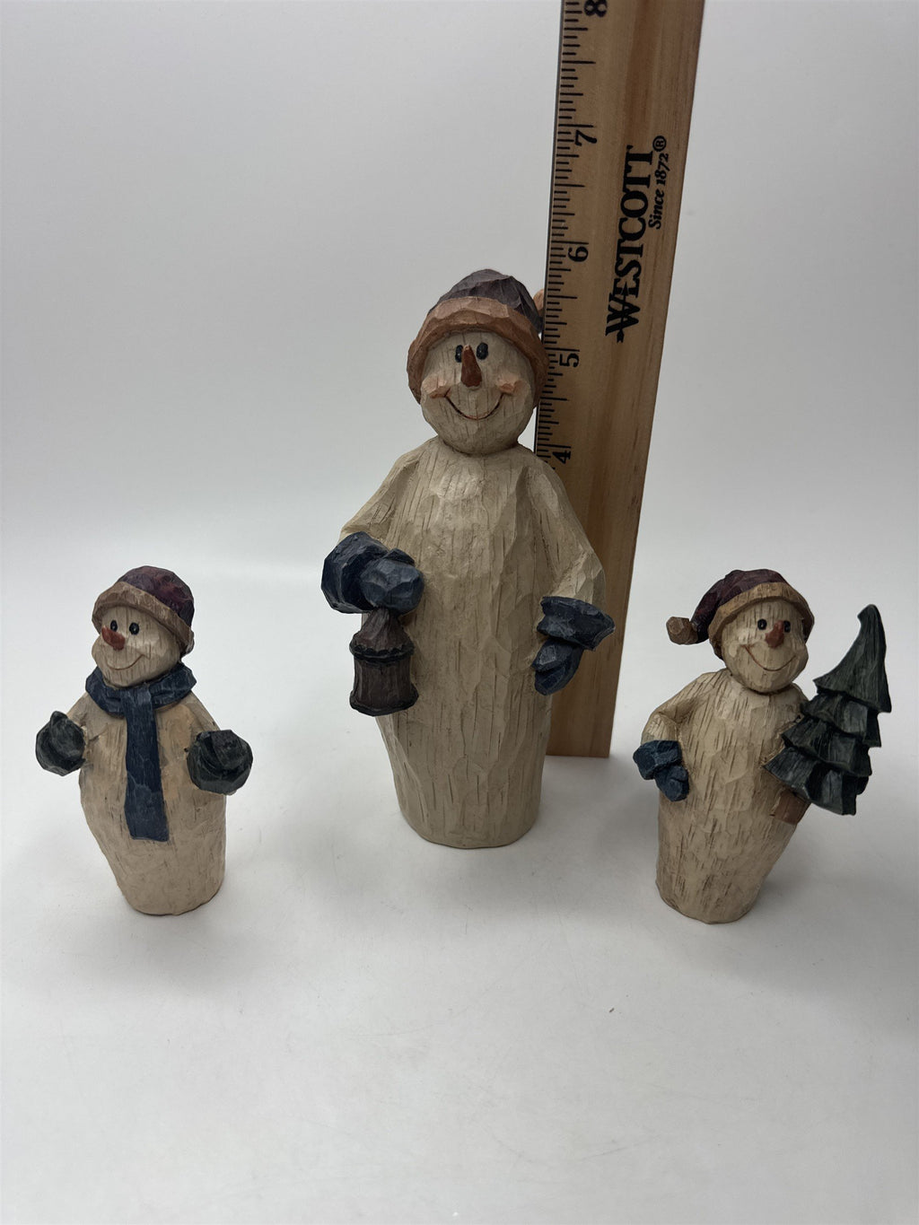 SET 3 Snowmen Figurines Resin Primitive Carved Look Christmas Winter Decor Lot