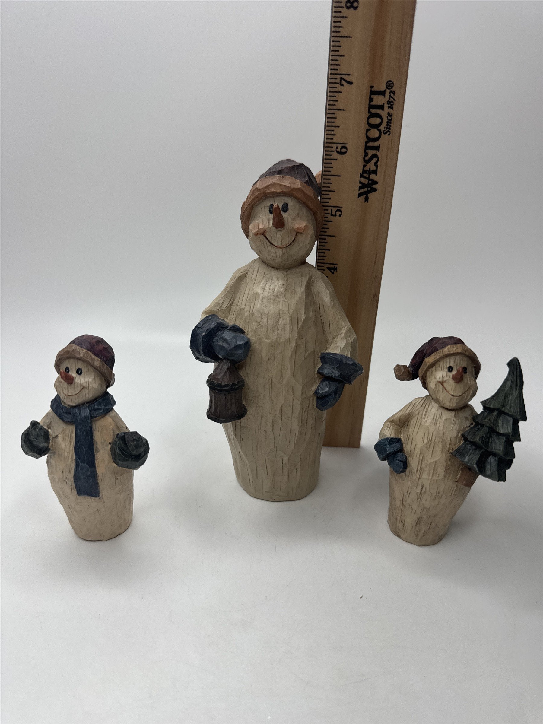 SET 3 Snowmen Figurines Resin Primitive Carved Look Christmas Winter Decor Lot