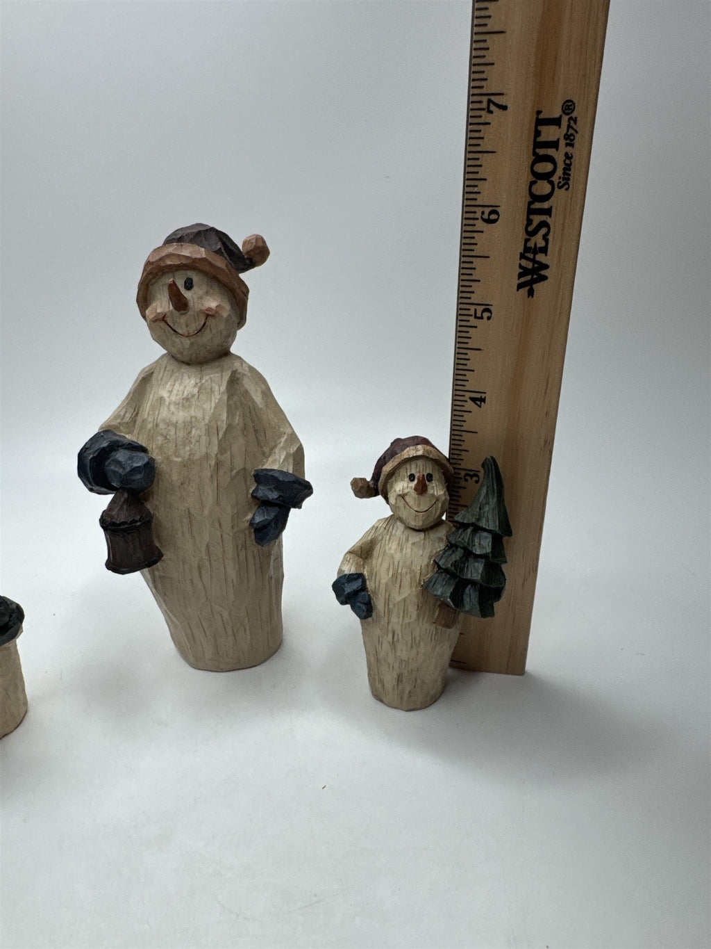 SET 3 Snowmen Figurines Resin Primitive Carved Look Christmas Winter Decor Lot