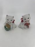 Vintage Homco Holiday/Christmas White Kitten Figurines W/ Wreath And Candy Cane