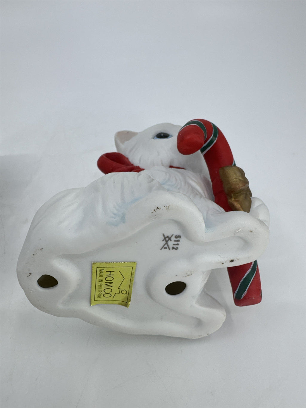 Vintage Homco Holiday/Christmas White Kitten Figurines W/ Wreath And Candy Cane