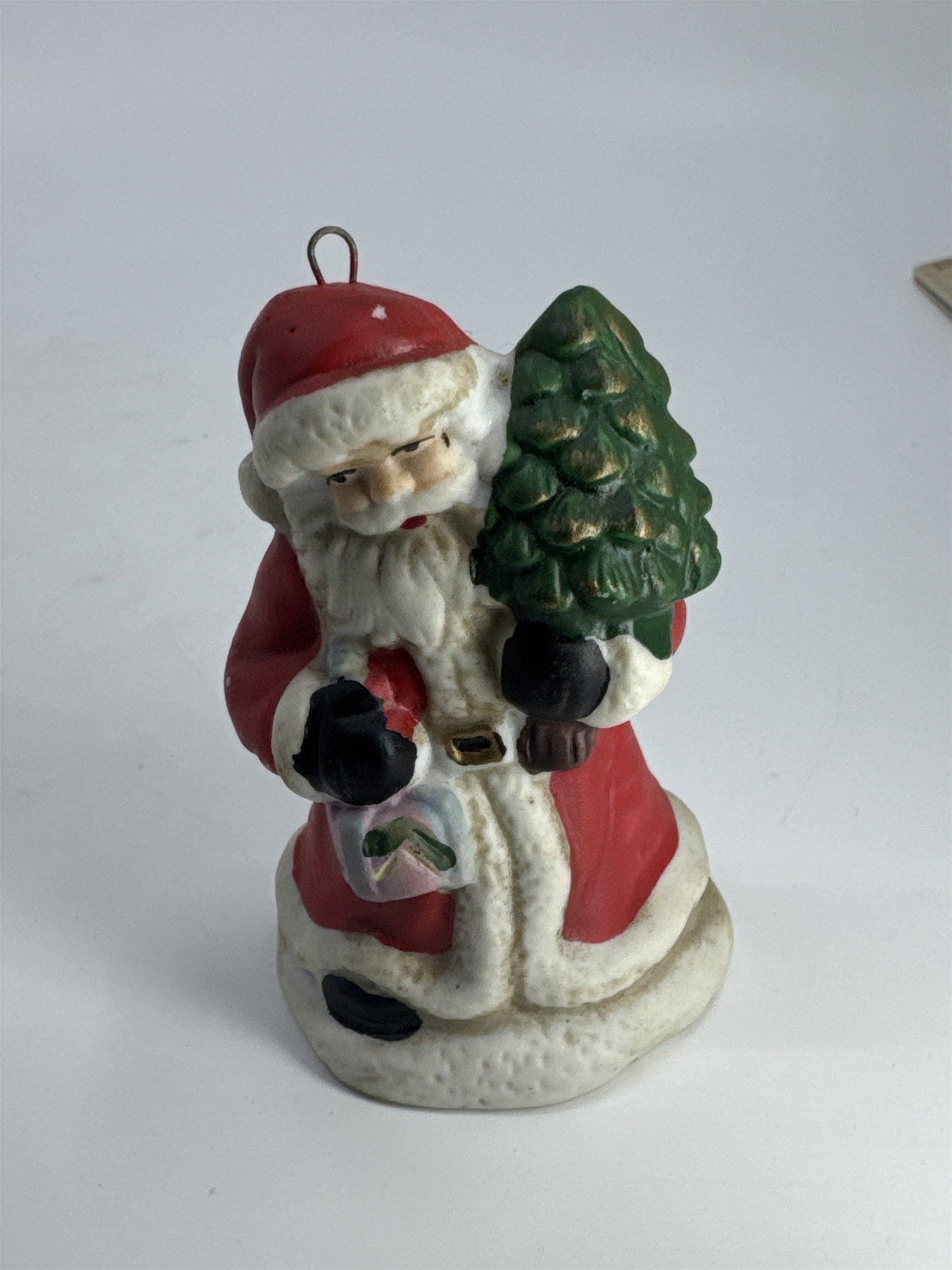 Vintage Christmas Santa Clause W/ Gift And Tree Porcelain Tree Ornament
