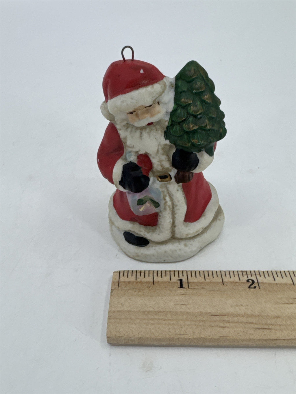 Vintage Christmas Santa Clause W/ Gift And Tree Porcelain Tree Ornament