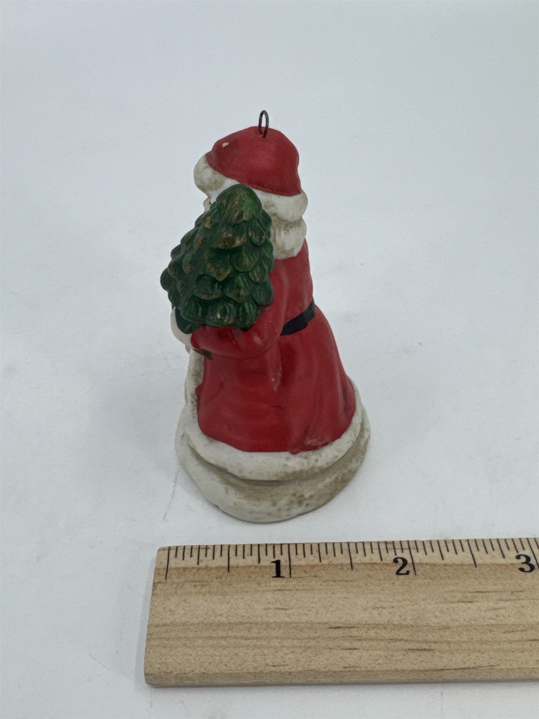 Vintage Christmas Santa Clause W/ Gift And Tree Porcelain Tree Ornament