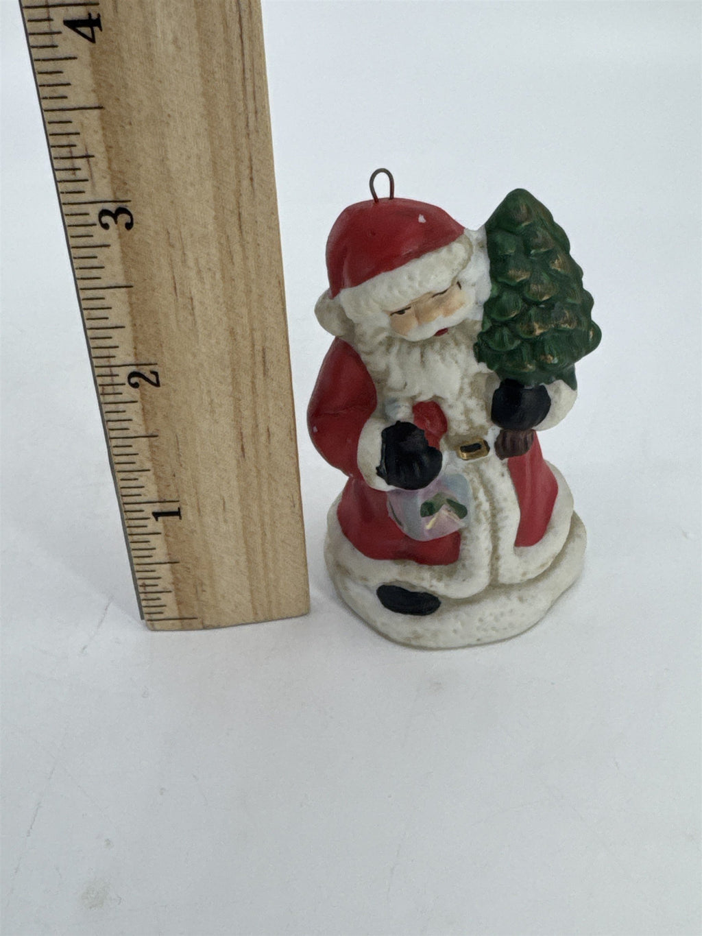 Vintage Christmas Santa Clause W/ Gift And Tree Porcelain Tree Ornament