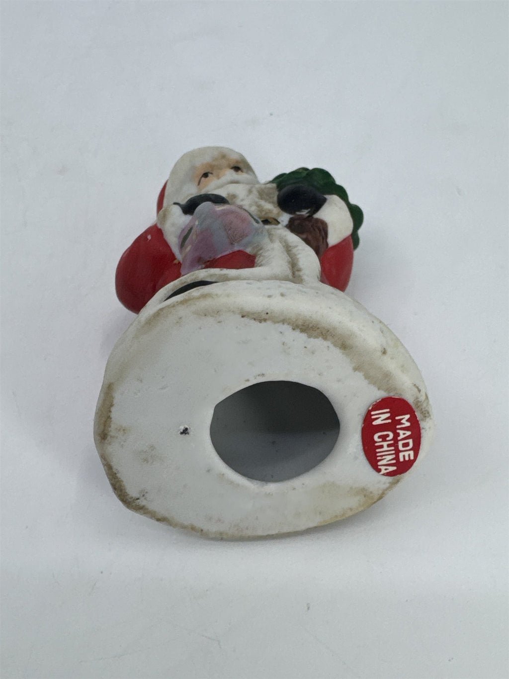 Vintage Christmas Santa Clause W/ Gift And Tree Porcelain Tree Ornament