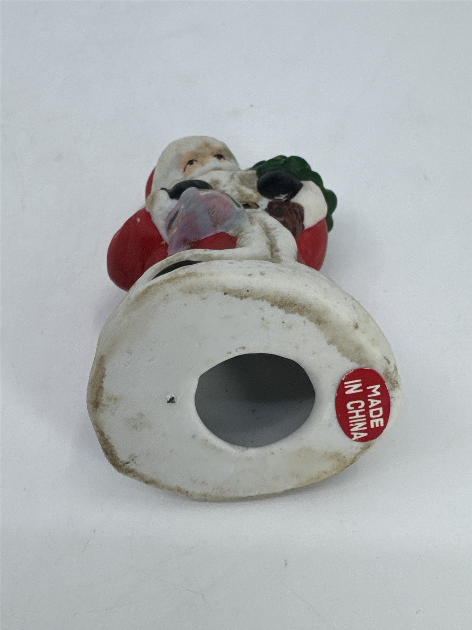 Vintage Christmas Santa Clause W/ Gift And Tree Porcelain Tree Ornament