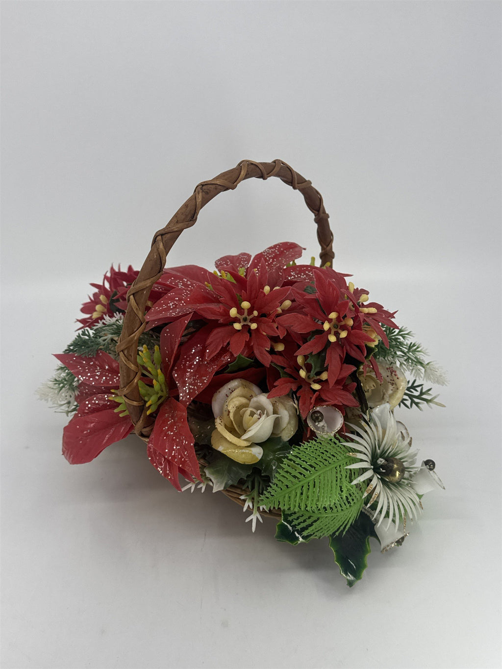 Vintage Christmas Poinsettia/White Rose Flower Centerpiece In Woven Brown Basket