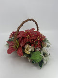 Vintage Christmas Poinsettia/White Rose Flower Centerpiece In Woven Brown Basket
