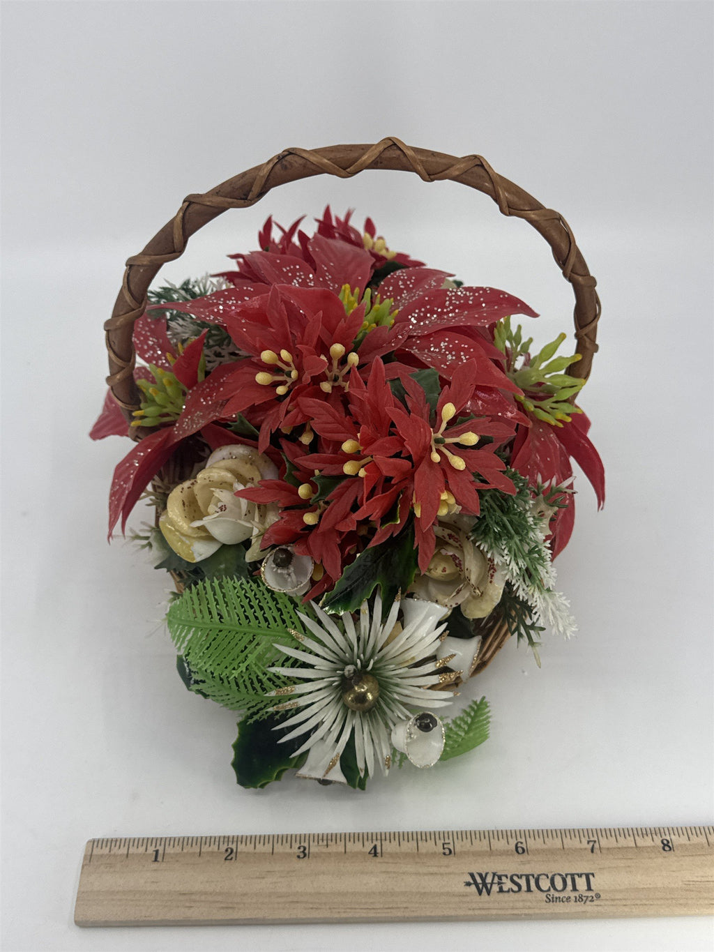 Vintage Christmas Poinsettia/White Rose Flower Centerpiece In Woven Brown Basket