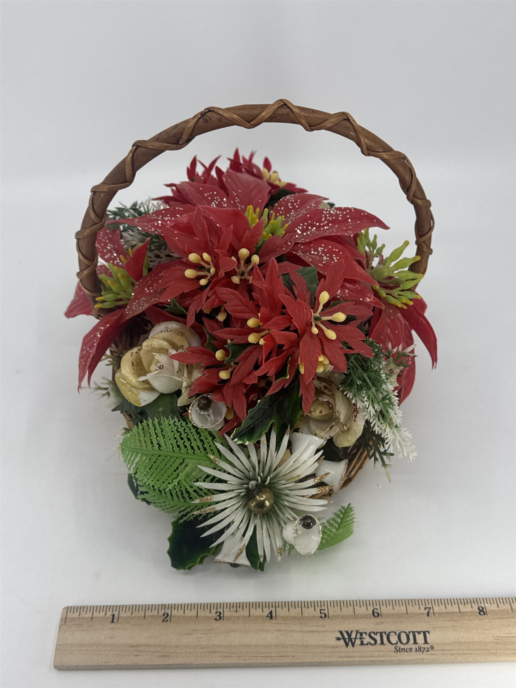 Vintage Christmas Poinsettia/White Rose Flower Centerpiece In Woven Brown Basket