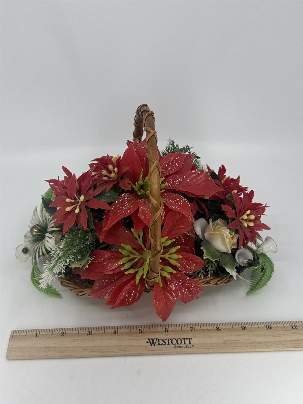 Vintage Christmas Poinsettia/White Rose Flower Centerpiece In Woven Brown Basket