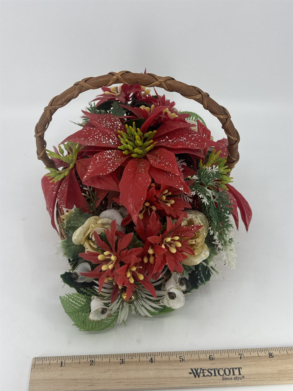 Vintage Christmas Poinsettia/White Rose Flower Centerpiece In Woven Brown Basket