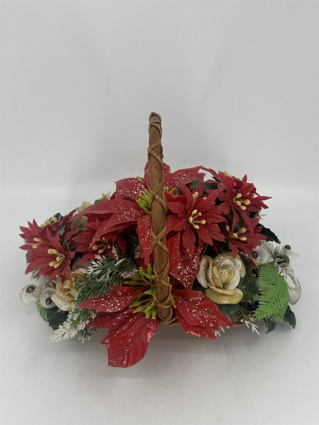 Vintage Christmas Poinsettia/White Rose Flower Centerpiece In Woven Brown Basket
