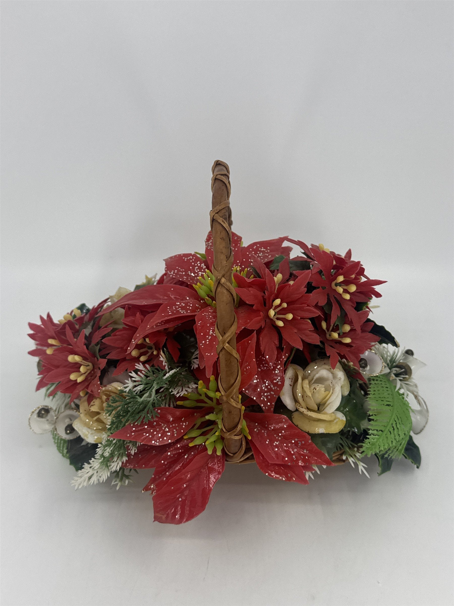 Vintage Christmas Poinsettia/White Rose Flower Centerpiece In Woven Brown Basket