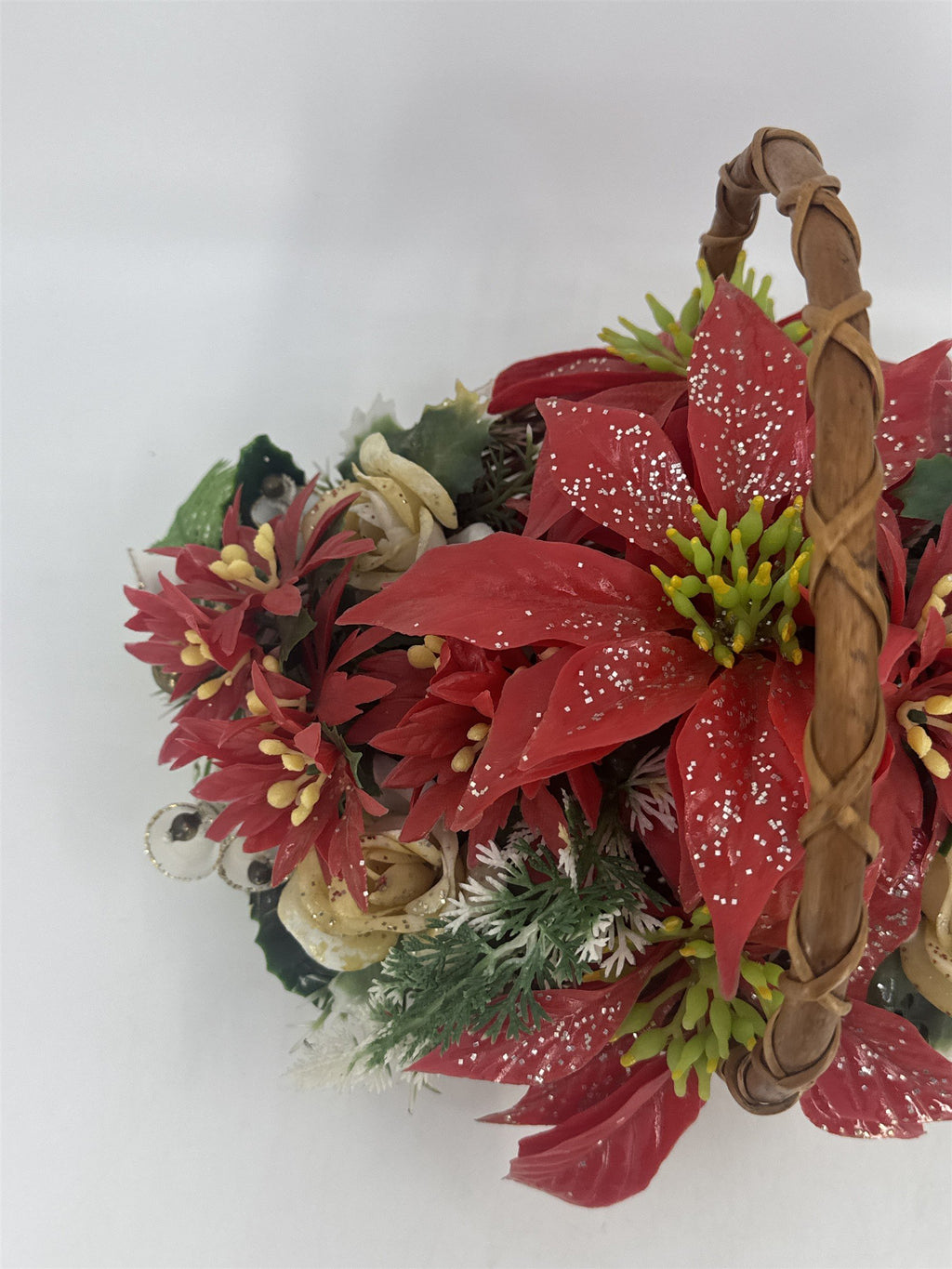 Vintage Christmas Poinsettia/White Rose Flower Centerpiece In Woven Brown Basket