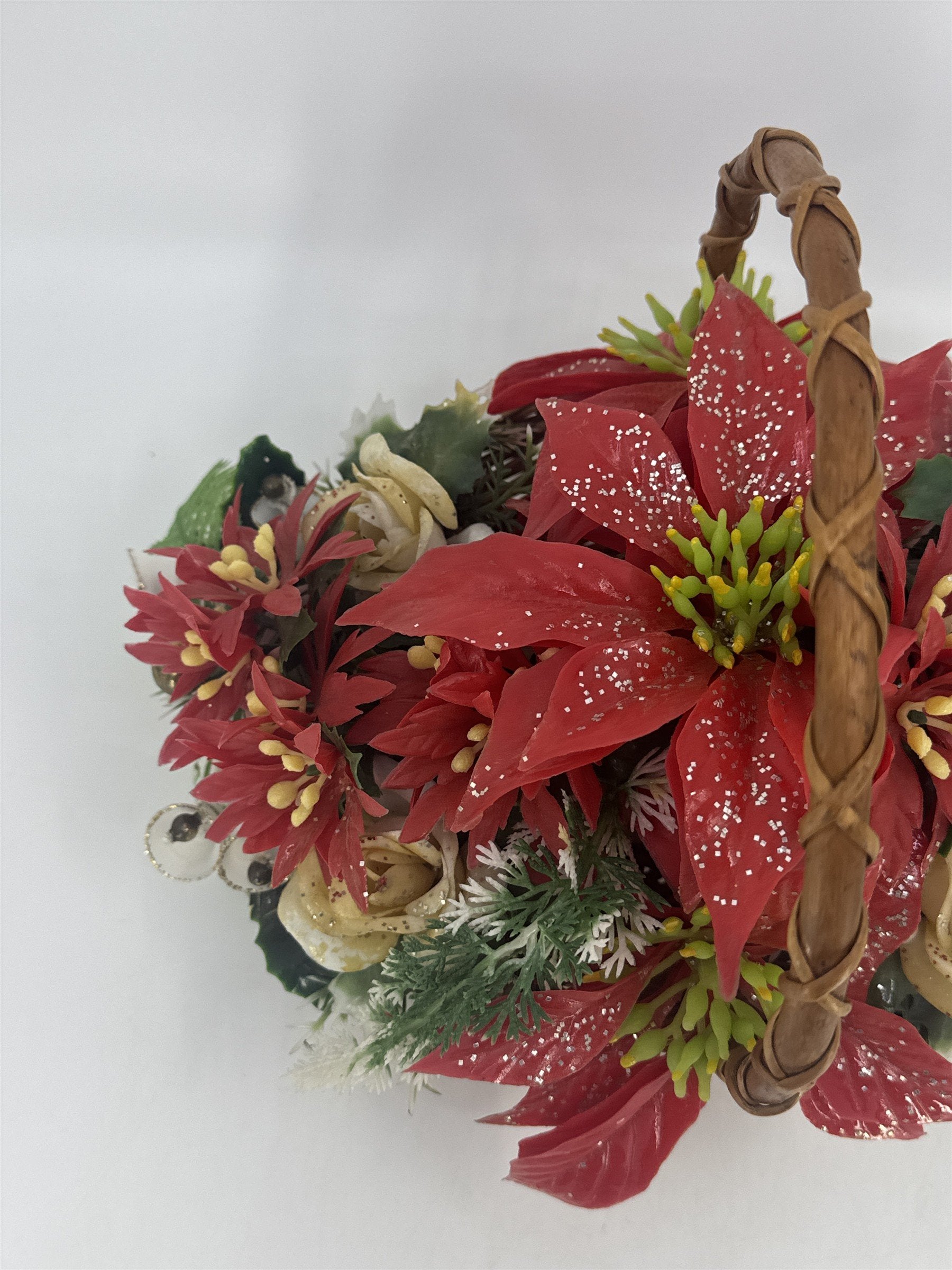 Vintage Christmas Poinsettia/White Rose Flower Centerpiece In Woven Brown Basket