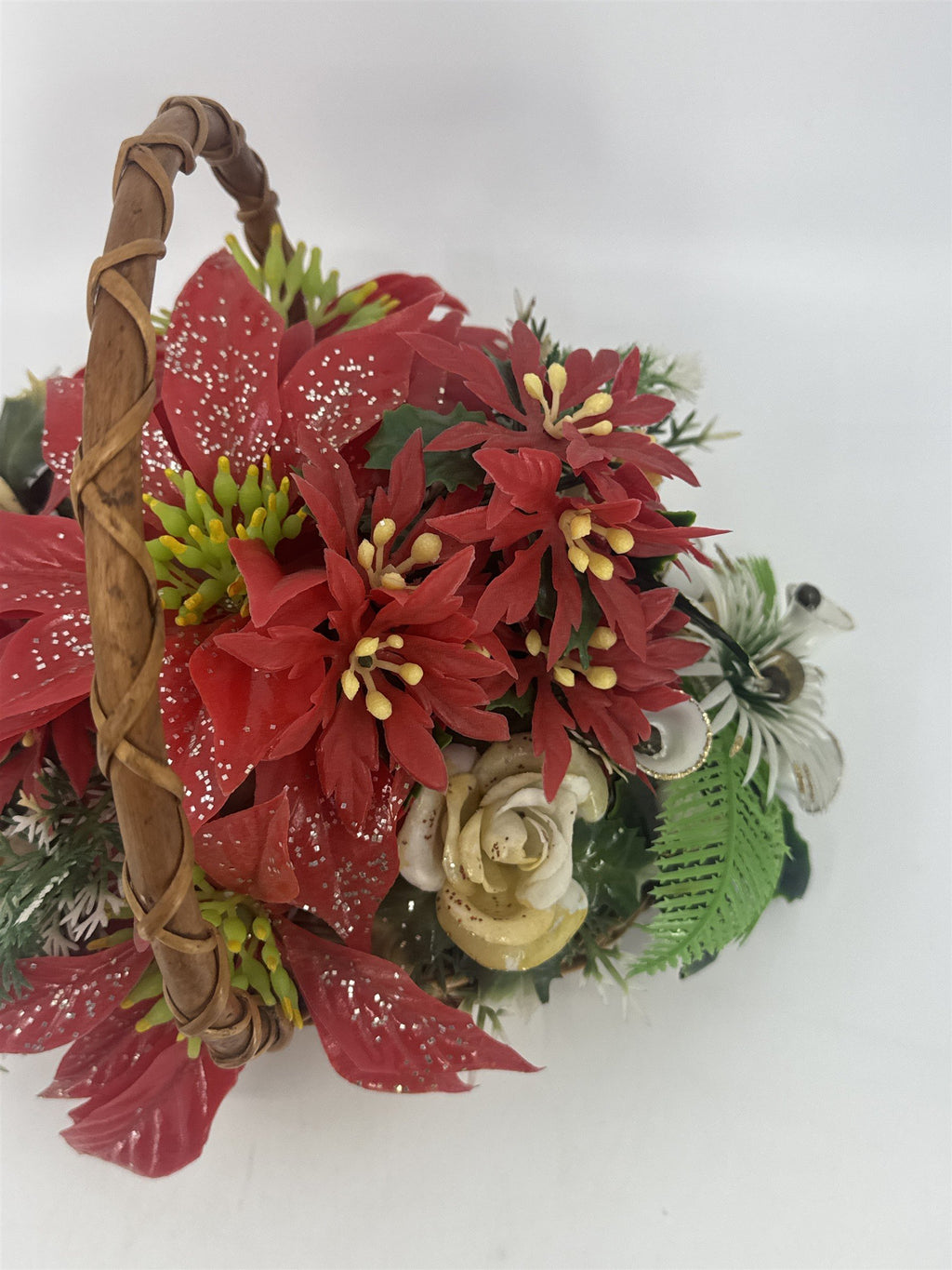 Vintage Christmas Poinsettia/White Rose Flower Centerpiece In Woven Brown Basket