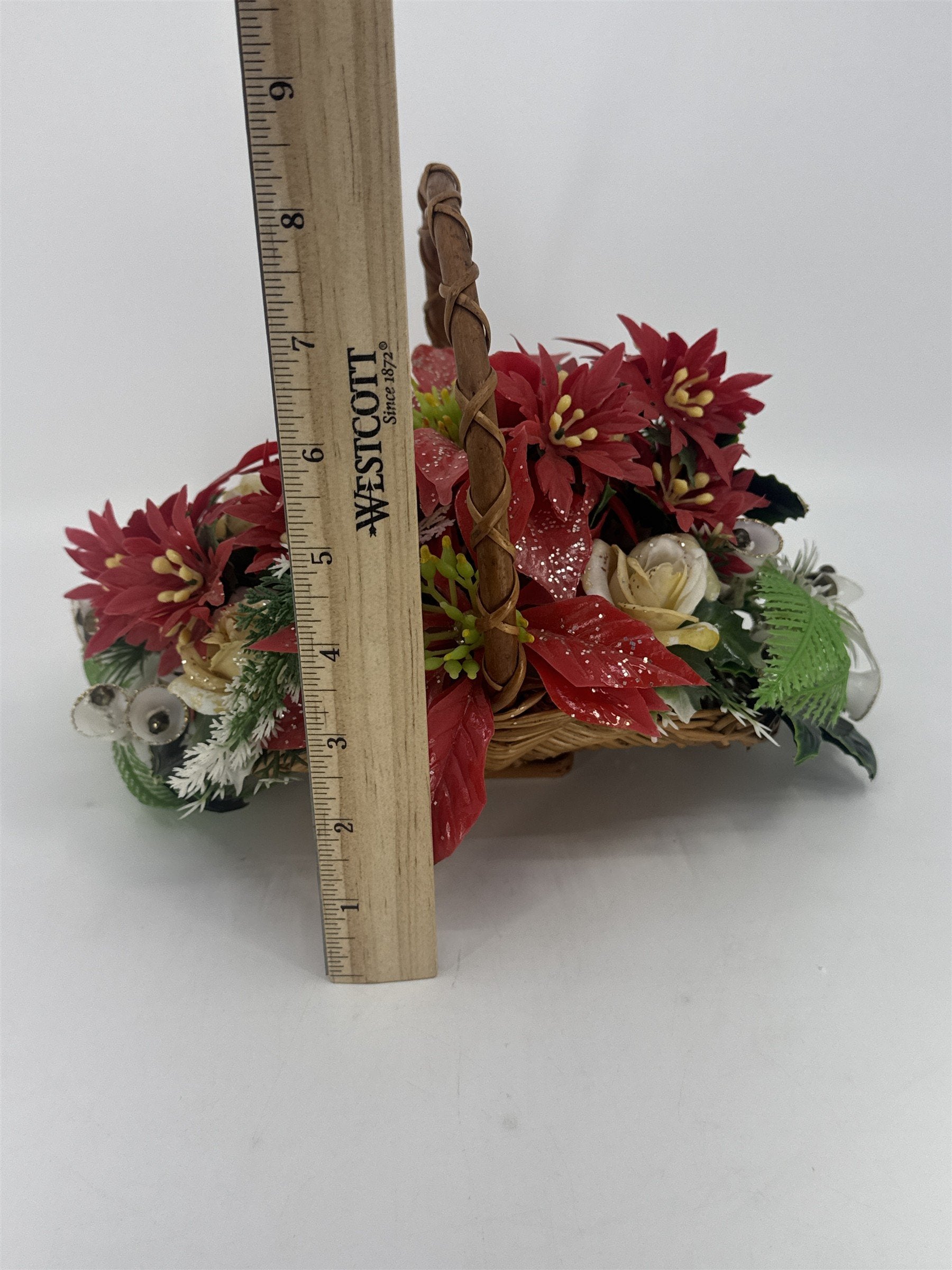 Vintage Christmas Poinsettia/White Rose Flower Centerpiece In Woven Brown Basket