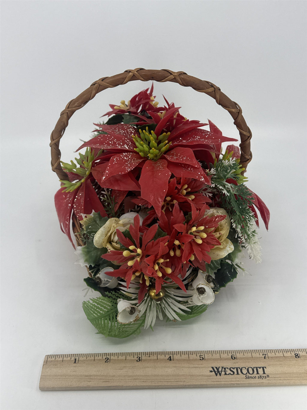 Vintage Christmas Poinsettia/White Rose Flower Centerpiece In Woven Brown Basket