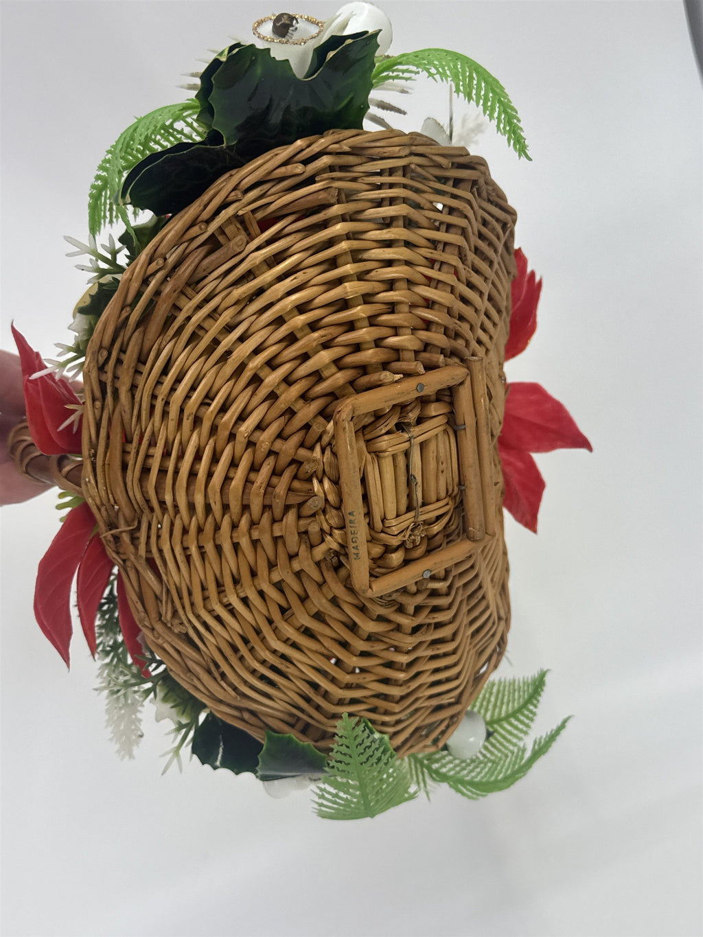 Vintage Christmas Poinsettia/White Rose Flower Centerpiece In Woven Brown Basket