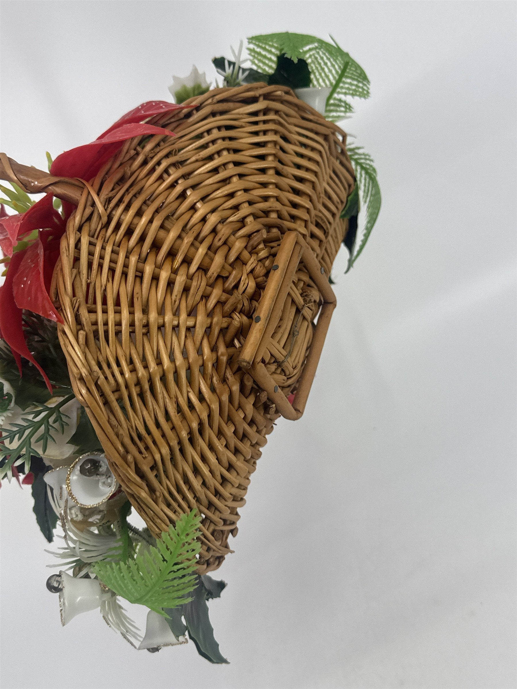 Vintage Christmas Poinsettia/White Rose Flower Centerpiece In Woven Brown Basket