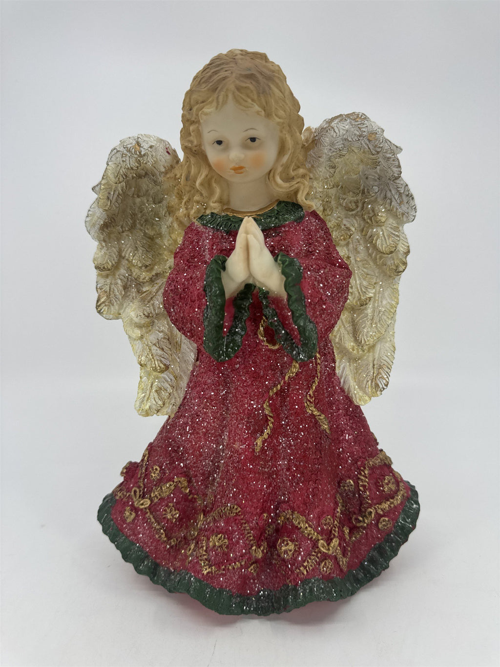 Christmas Praying Angel Resin Figurine W/ Red And Green Glittery Dress
