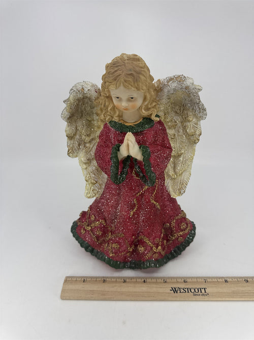 Christmas Praying Angel Resin Figurine W/ Red And Green Glittery Dress