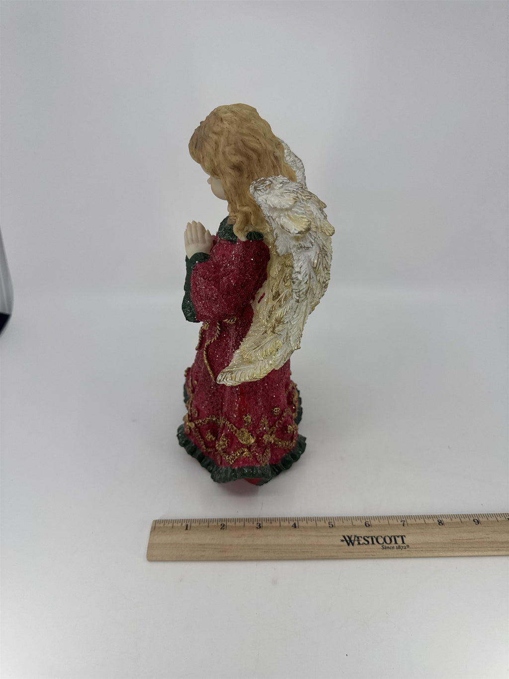 Christmas Praying Angel Resin Figurine W/ Red And Green Glittery Dress