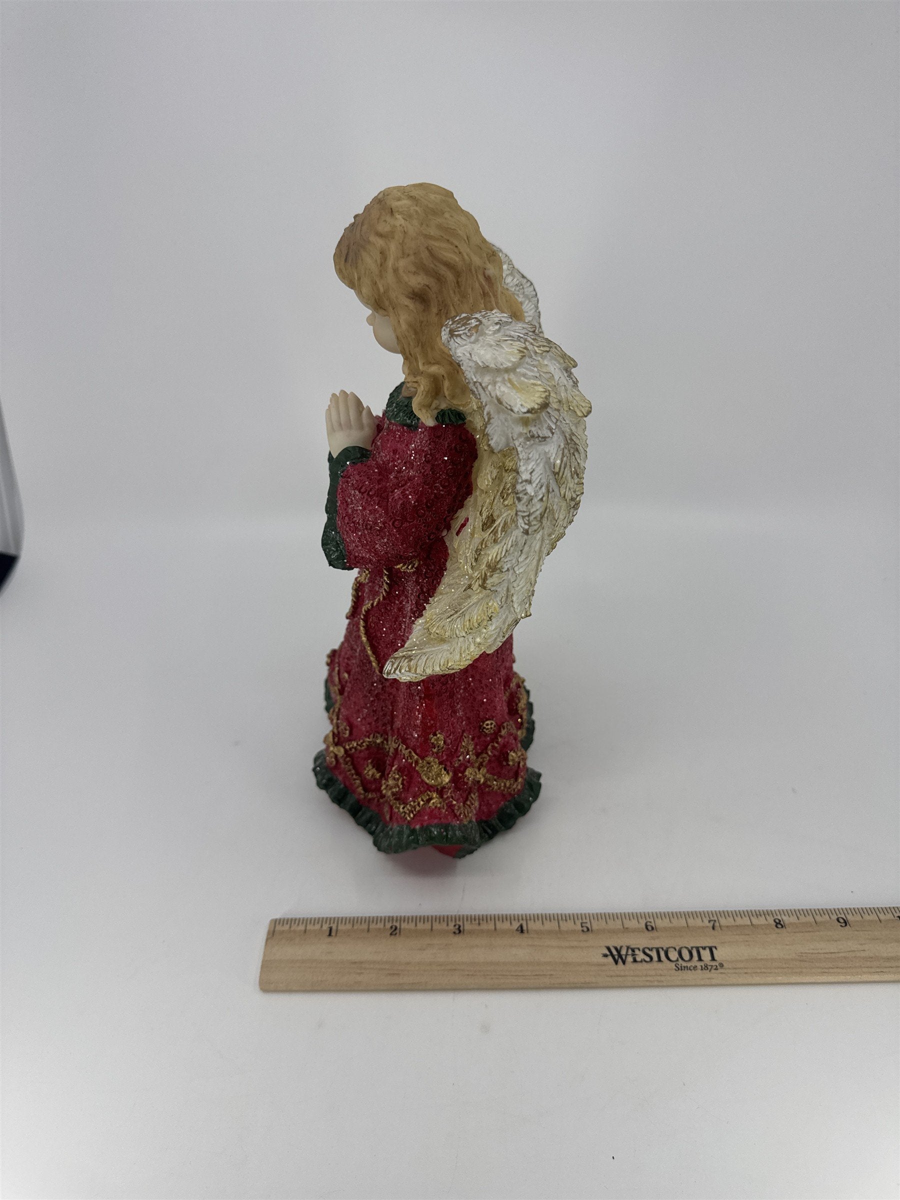 Christmas Praying Angel Resin Figurine W/ Red And Green Glittery Dress