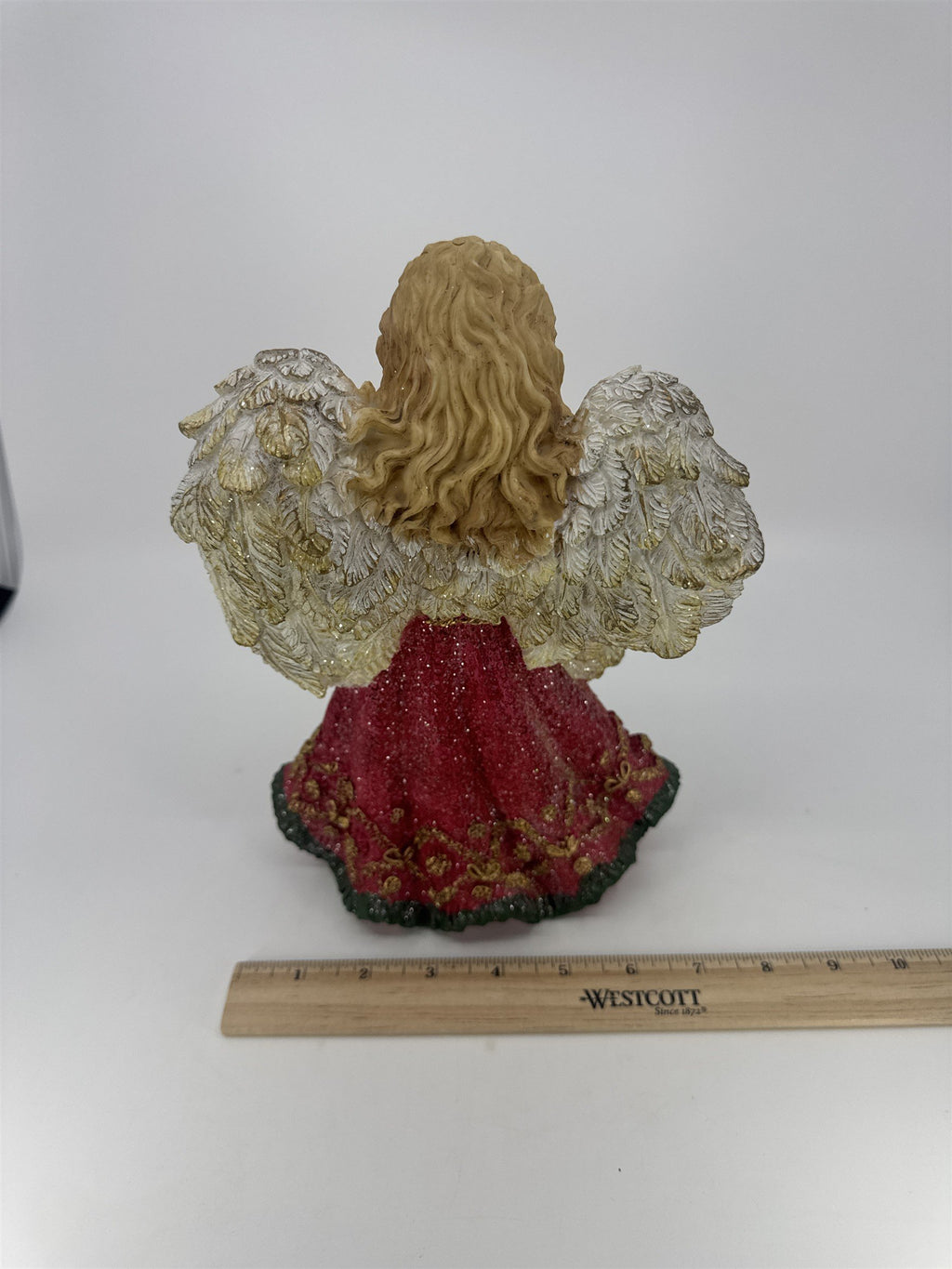 Christmas Praying Angel Resin Figurine W/ Red And Green Glittery Dress