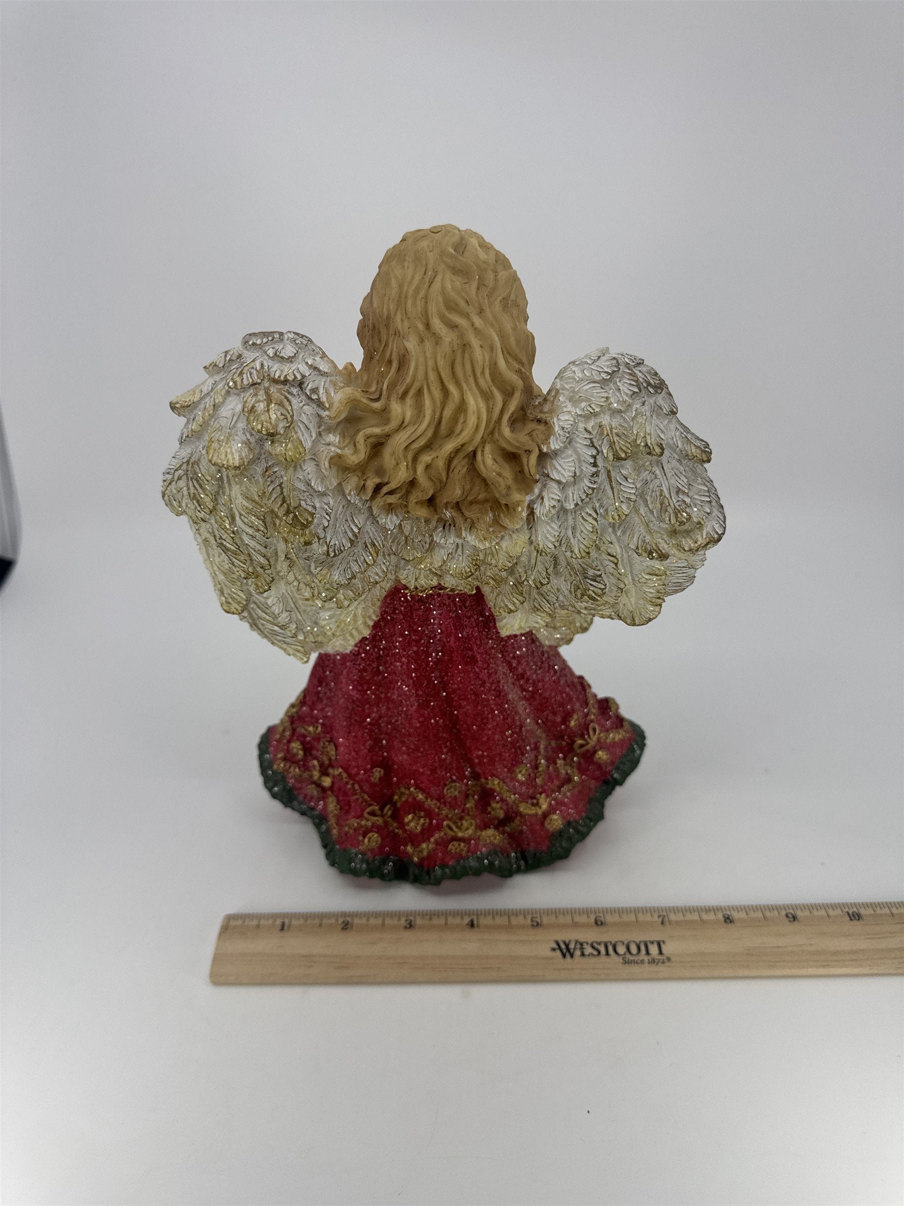 Christmas Praying Angel Resin Figurine W/ Red And Green Glittery Dress