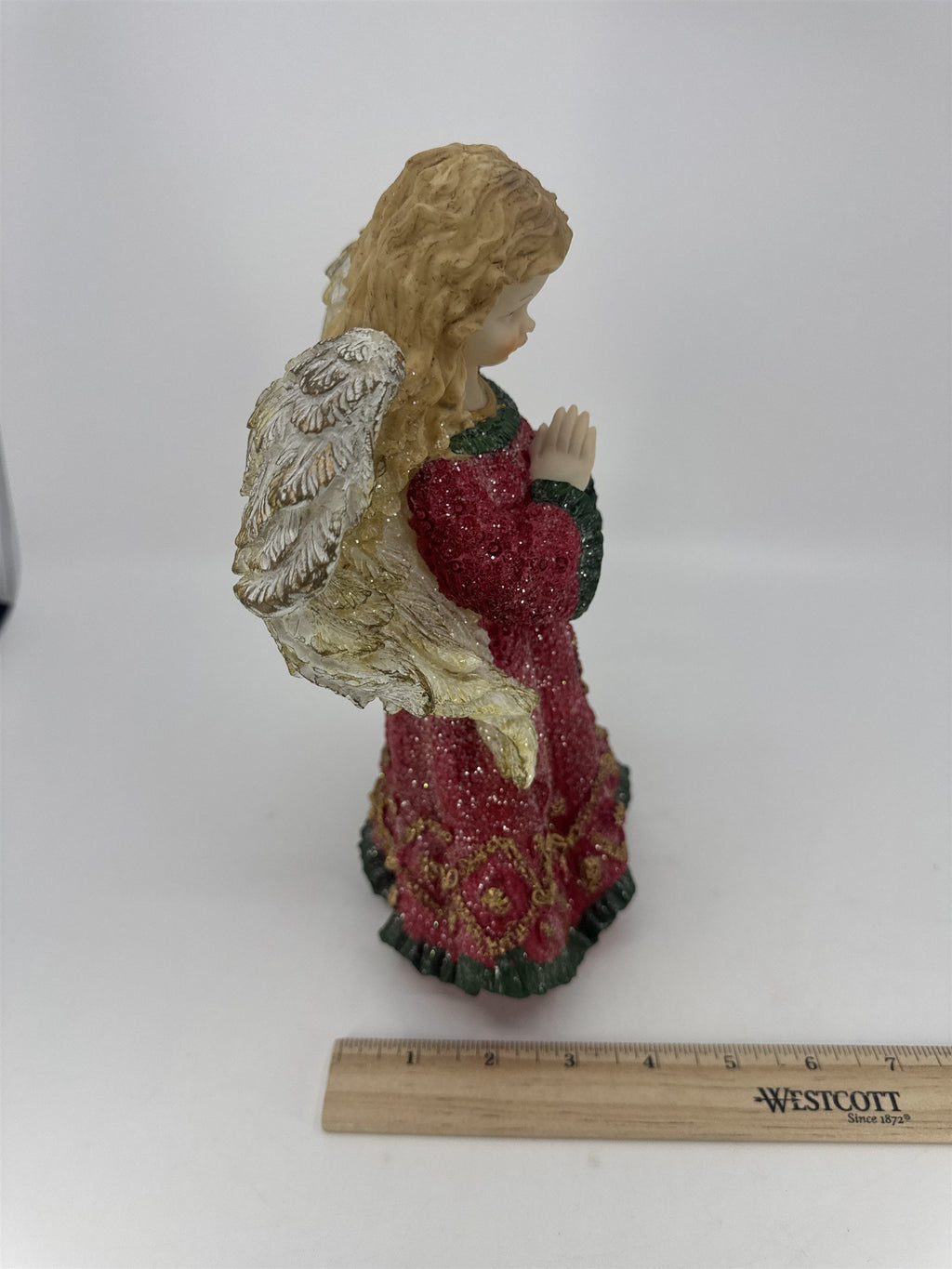 Christmas Praying Angel Resin Figurine W/ Red And Green Glittery Dress